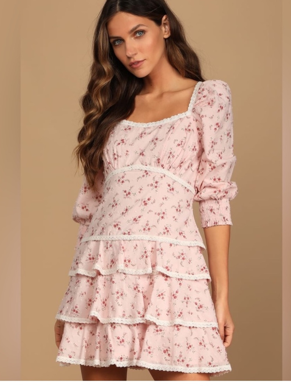 Lulu's Pale Pink Floral Ruffled Square-Neck Mini Dress